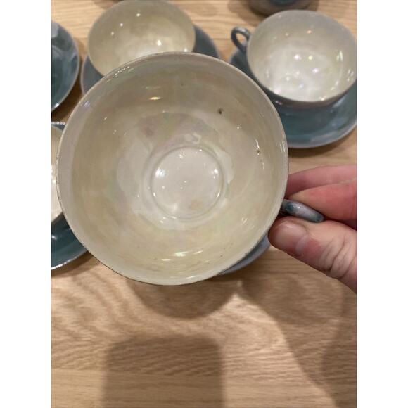 Lusterware Tea Set For 5 - Teapot, Sugar, Creamer, Cups & Saucers Japan Aqua - Picture 12 of 16